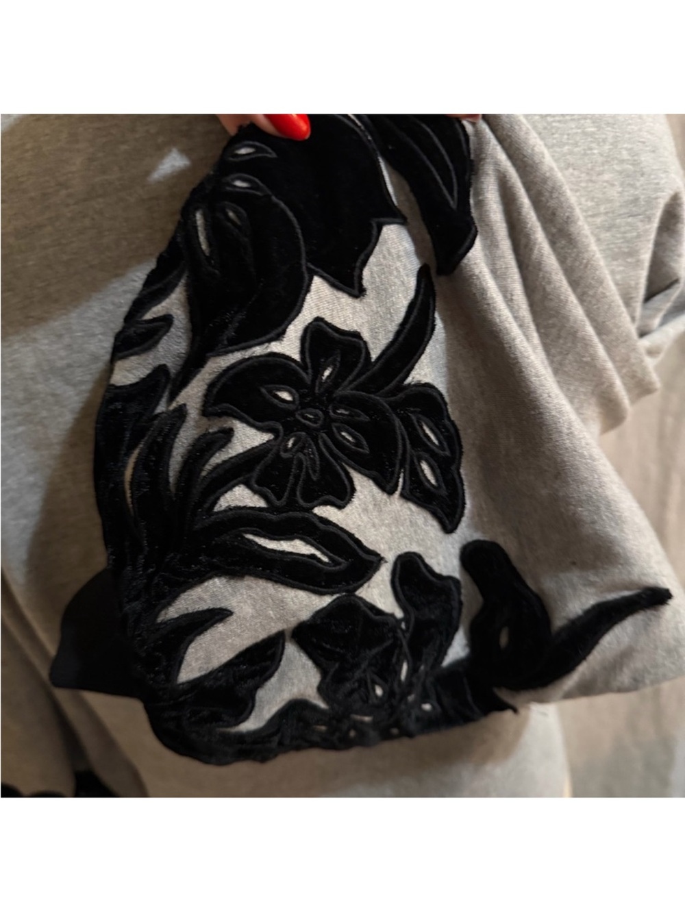 Anthropologie Gray Sweatshirt with Black Velvet Floral Appliqué - Picture 8 of 15